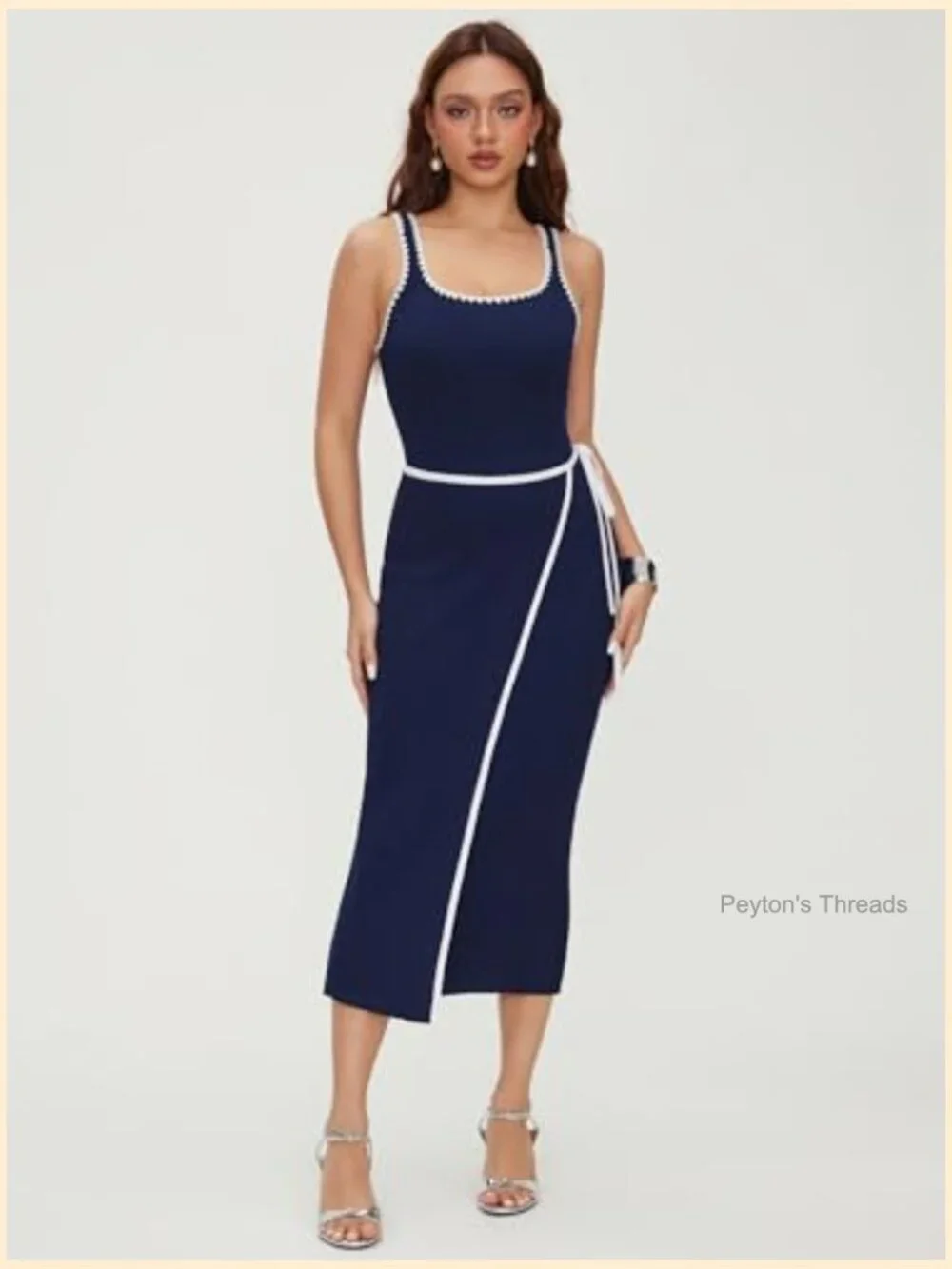 CIDER Women's Square Neck Ribbed Knit Midi Bodycon Dress with Tie Waist
